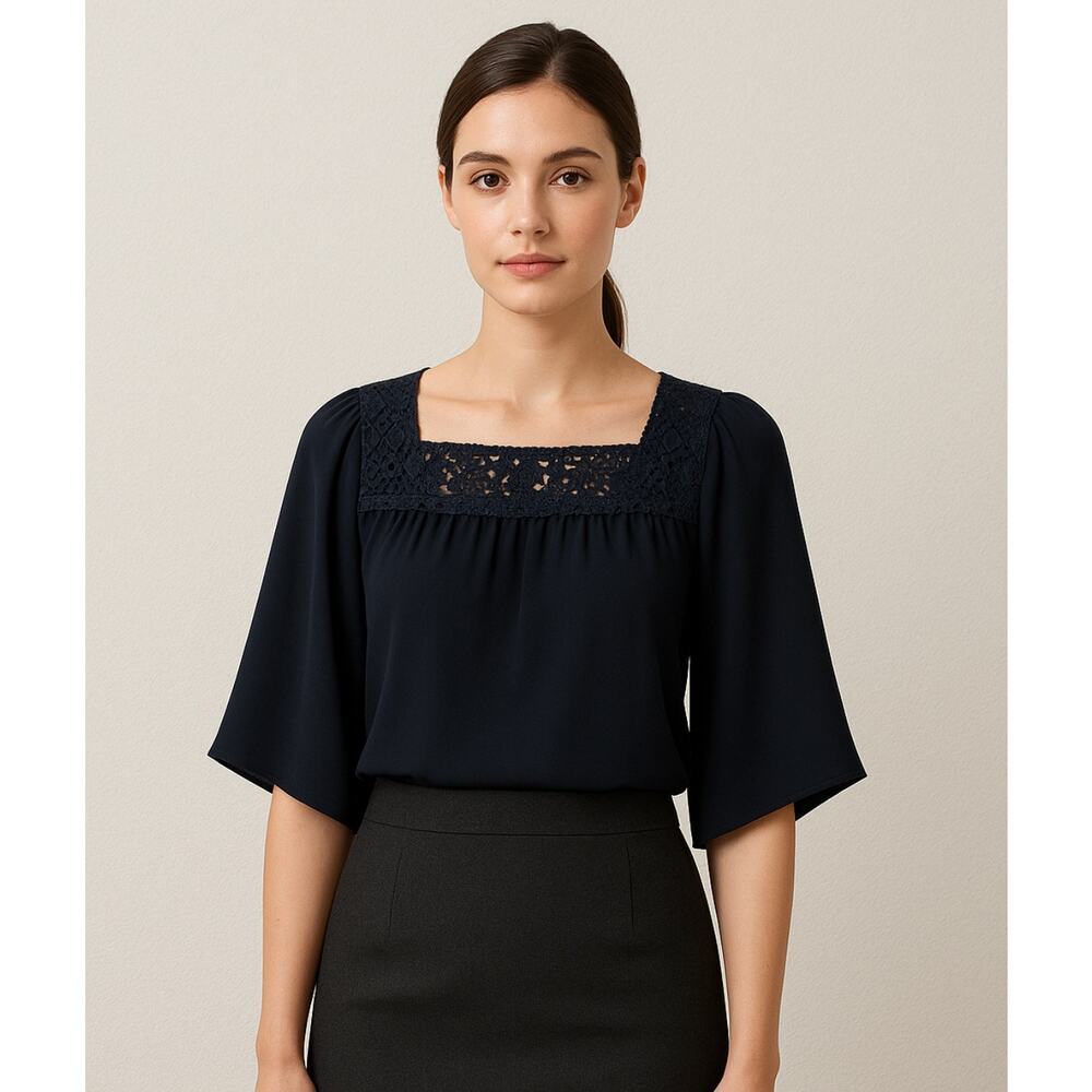 Rebecca Taylor Size 2 Lace Trim Silk Top Blouse Black Square Neck Short Sleeves